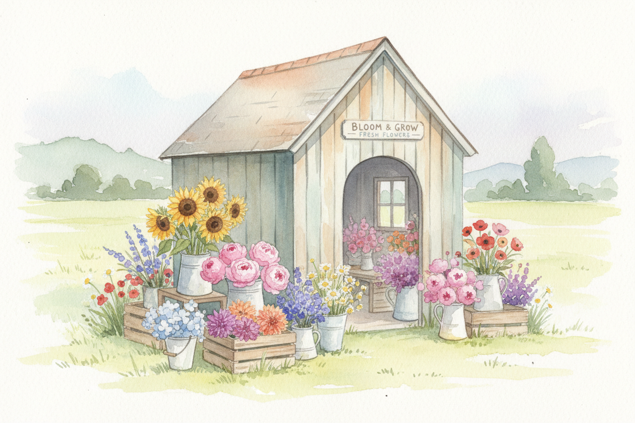 bespoke flower farmstand, make it a whole building like a cute little shed. Keep it simple with a watercolor style. Fresh flowers for sale. 