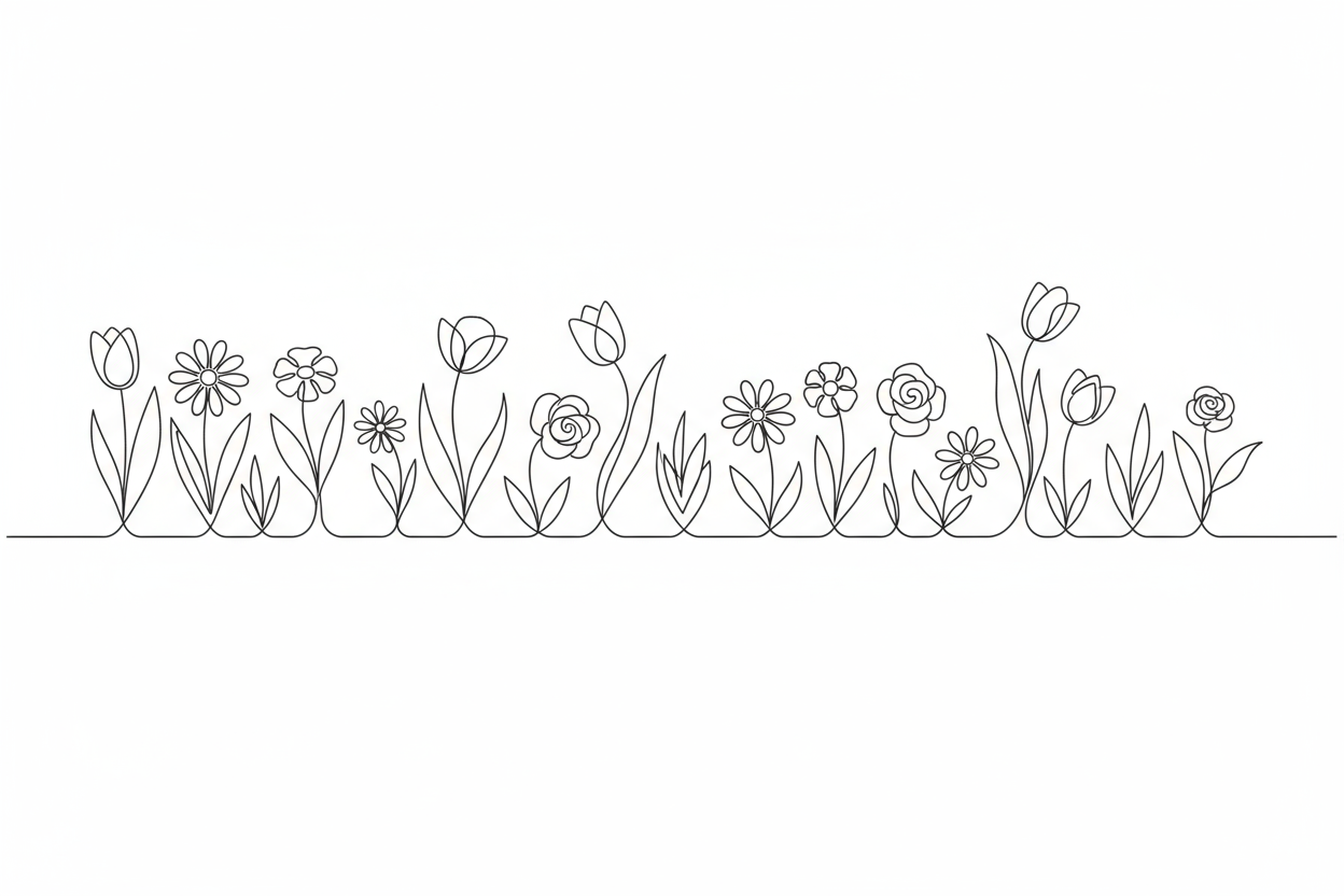 single line drawing of flowers across a table