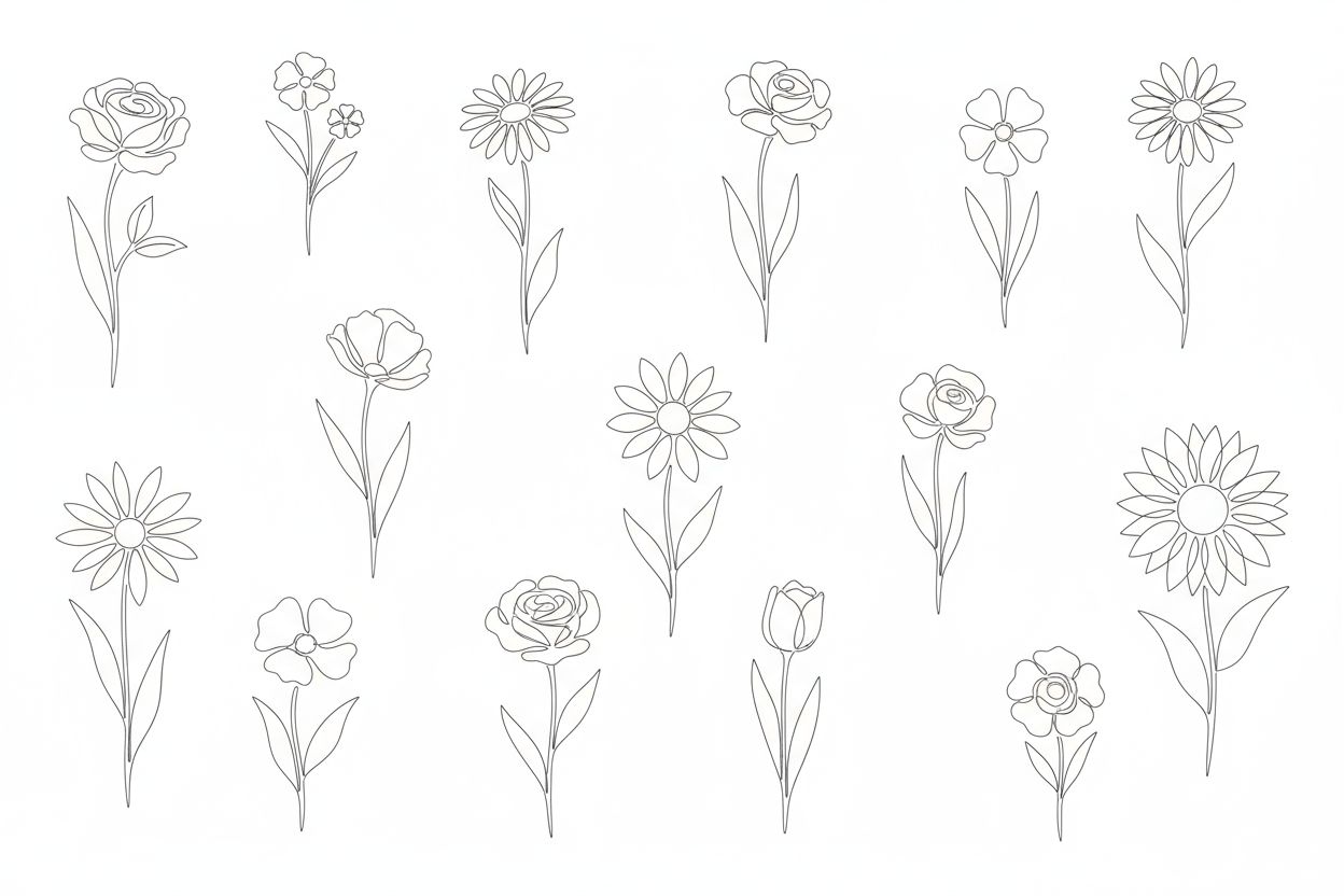 single line drawings of each scattered flowers